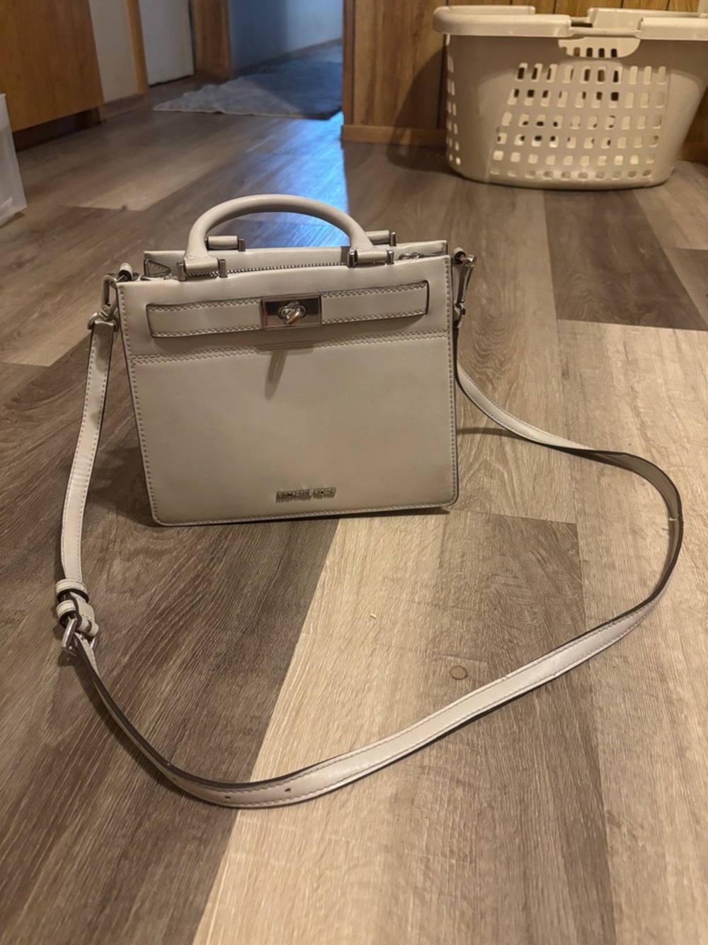 Michael Kors White Structured Top-Handle Satchel with Crossbody Strap
